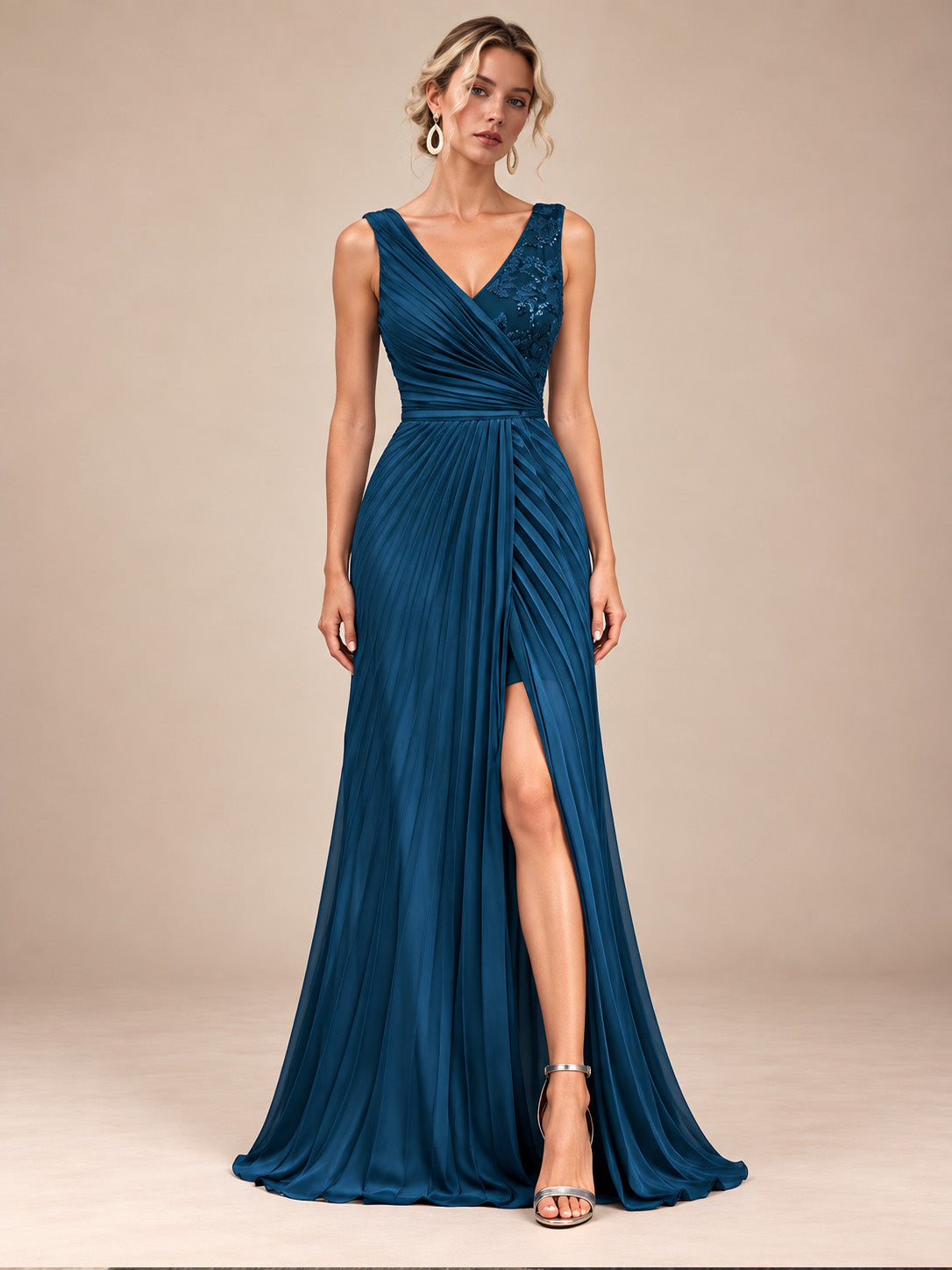 Women’s Teal Blue Elegant V-Neck Sleeveless Pleated A-Line Maxi Dress with Sequin Detail and High Slit