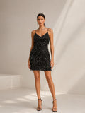Women’s Black Statement Sequin Spaghetti Strap Sleeveless Slim Fit Mini Party Dress