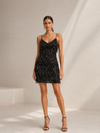 Women’s Black Statement Sequin Spaghetti Strap Sleeveless Slim Fit Mini Party Dress