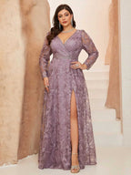 Women’s Dusty Mauve Elegant Floral Lace V-Neck Long Sleeve A-Line Maxi Dress with High Slit