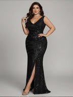 Women’s Olive Glamorous Sequin V Neck Sleeveless High Slit Maxi Dress