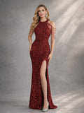 Women’s Burgundy Glamorous Sequin Halter Neck Sleeveless High Slit Mermaid Maxi Dress with Beaded Fringe