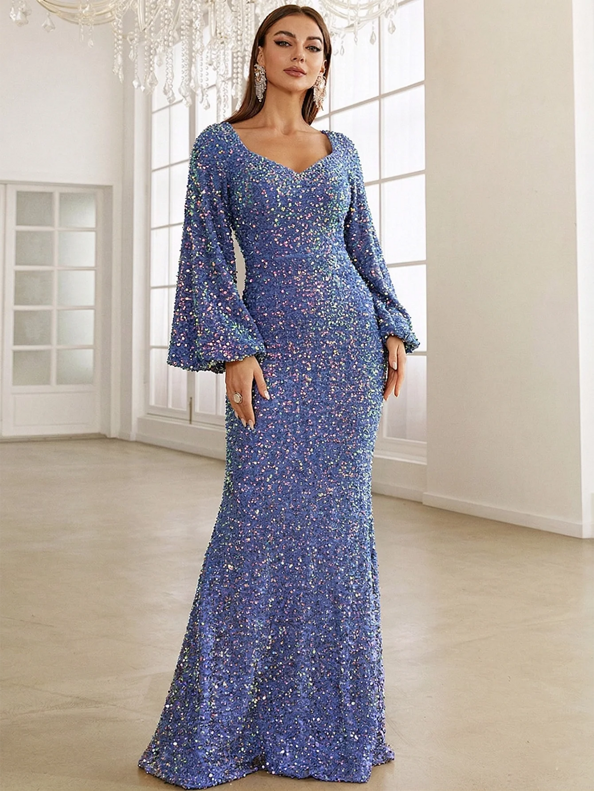 Women’s Rose Gold Evening Sequin V-Neck Mermaid Maxi Dress with Bell Sleeves