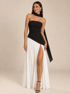 Women’s Black and White Elegant Strapless Colorblock A-Line Maxi Dress with Asymmetric Bodice, High Slit and Scarf Detail