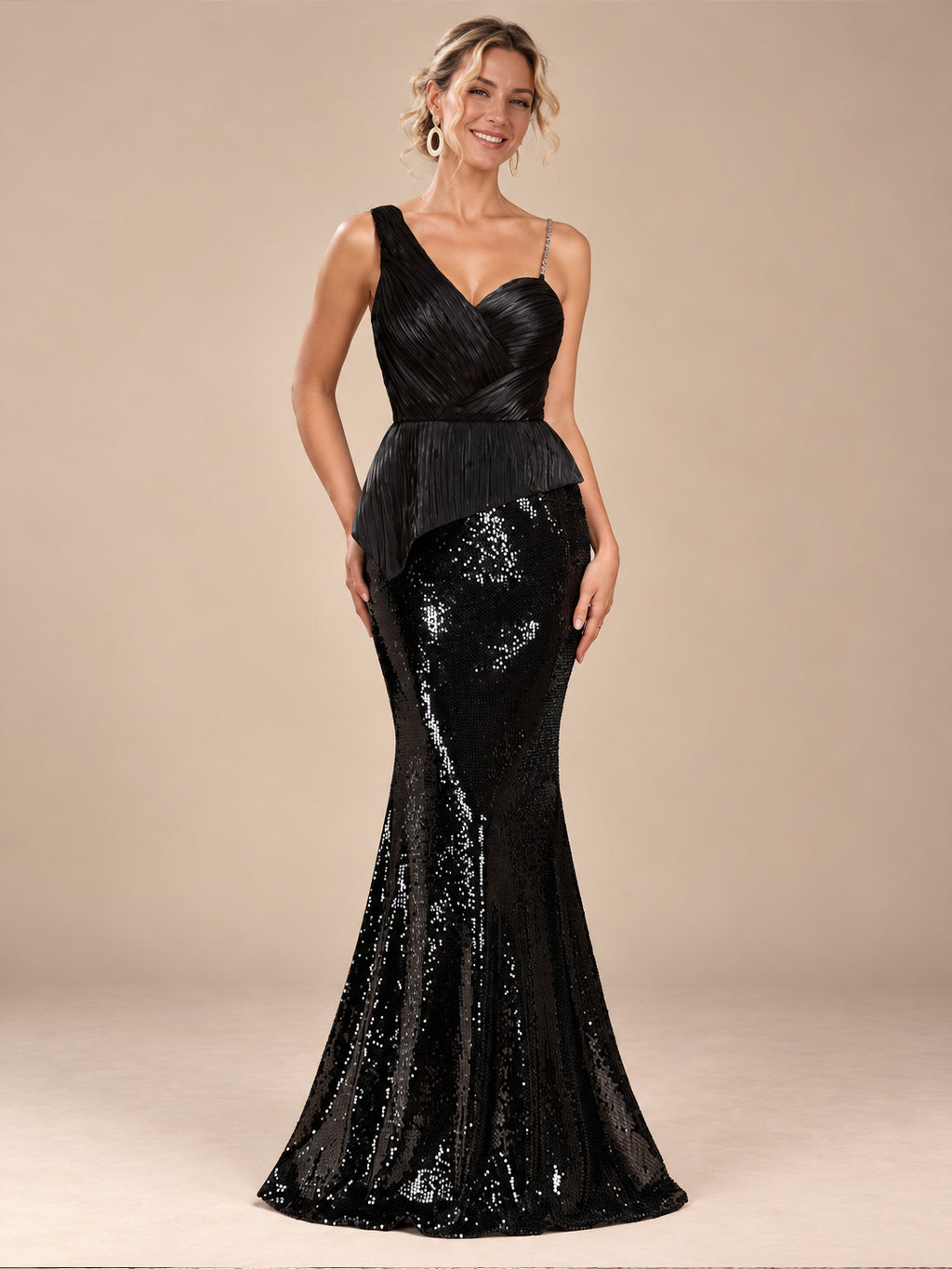 Women’s Black Glamorous Sequin Asymmetric Neck Sleeveless Mermaid Maxi Dress with Ruched Peplum Detail