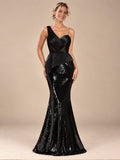 Women’s Black Glamorous Sequin Asymmetric Neck Sleeveless Mermaid Maxi Dress with Ruched Peplum Detail
