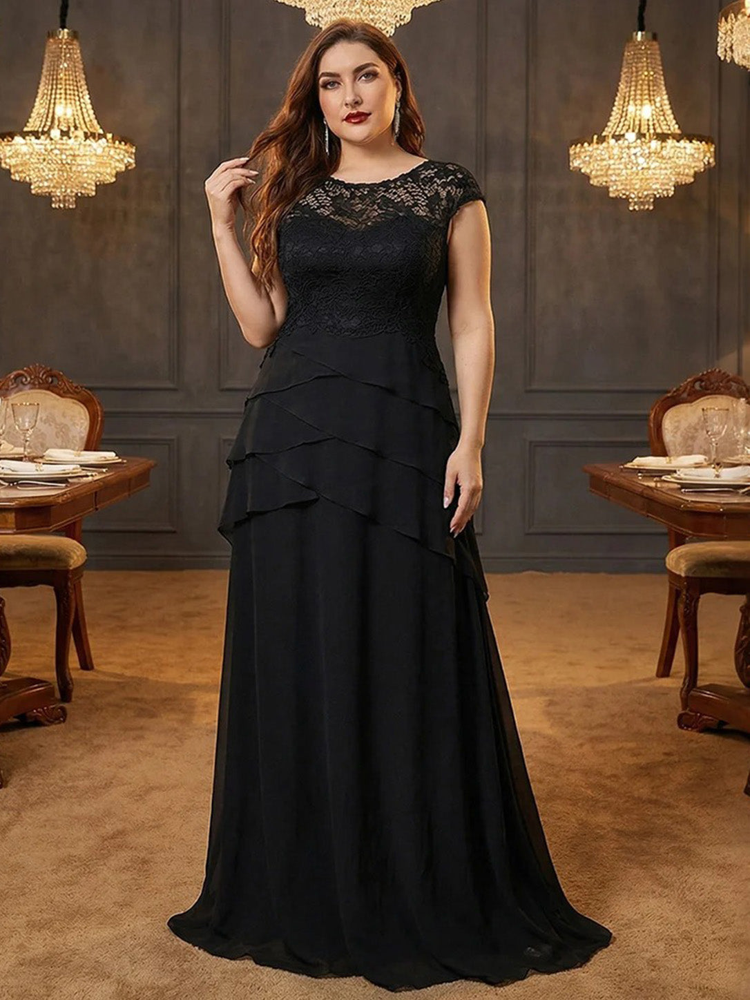 Women’s Black Elegant Lace Round Neck Cap Sleeve Tiered A-Line Maxi Dress with Chiffon Overlay