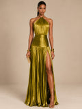 Women’s Metallic Glamorous Halter Neck Sleeveless Backless A-Line Maxi Dress with Ruched Waist and High Slit