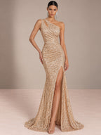Women’s Champagne Gold Glamorous Sequin One Shoulder Sleeveless Mermaid Maxi Dress with Ruched Detail, High Slit and Lace-Up Back