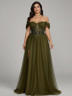 Women’s Olive Green Elegant Tulle Off Shoulder Short Sleeve A-Line Maxi Dress with Floral Appliqué