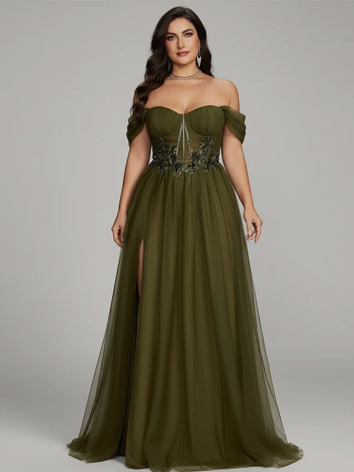 Women’s Olive Green Elegant Tulle Off Shoulder Short Sleeve A-Line Maxi Dress with Floral Appliqué