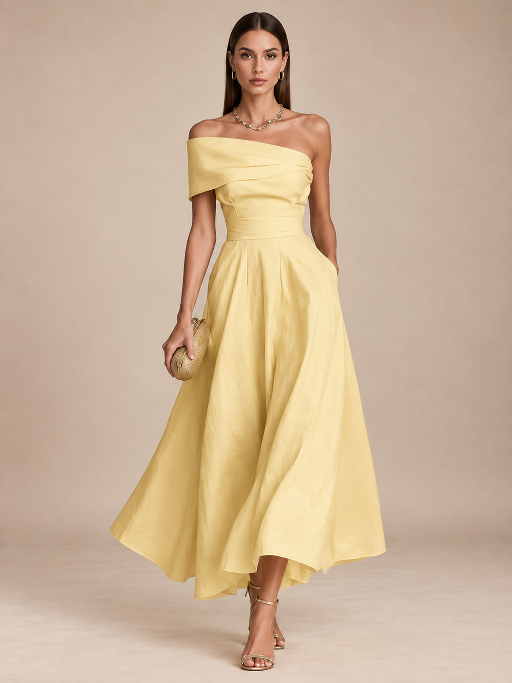 Women’s Yellow Elegant Satin One Shoulder Short Sleeve A-Line Midi Dress with Pockets