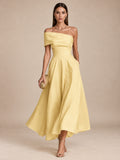 Women’s Yellow Elegant Satin One Shoulder Short Sleeve A-Line Midi Dress with Pockets