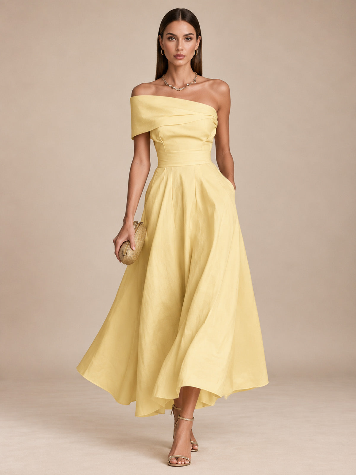 Women’s Yellow Elegant Satin One Shoulder Short Sleeve A-Line Midi Dress with Pockets