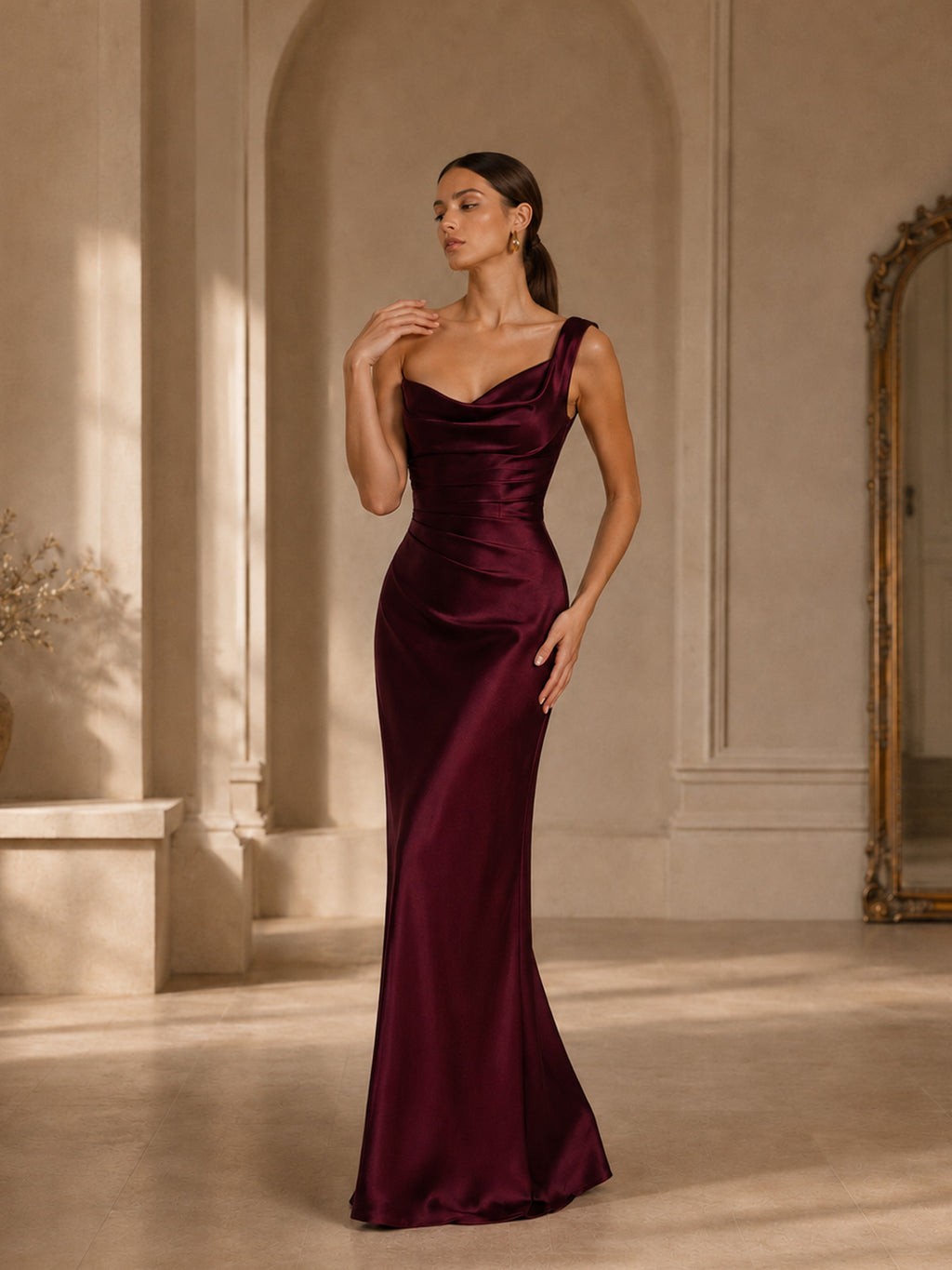 Women’s Burgundy Ruched Satin One-Shoulder Sleeveless Slim Maxi Cocktail Dress