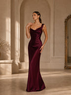 Women’s Burgundy Ruched Satin One-Shoulder Sleeveless Slim Maxi Cocktail Dress