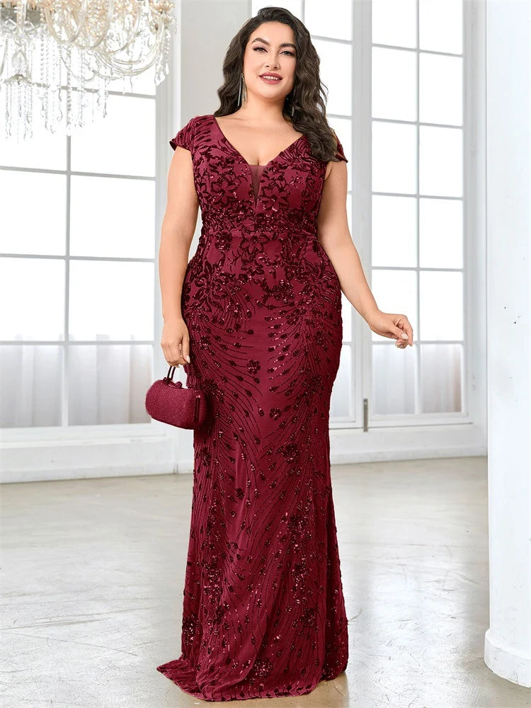 Women’s Olive Green Elegant Sequin Mesh V-Neck Cap Sleeve Mermaid Maxi Dress
