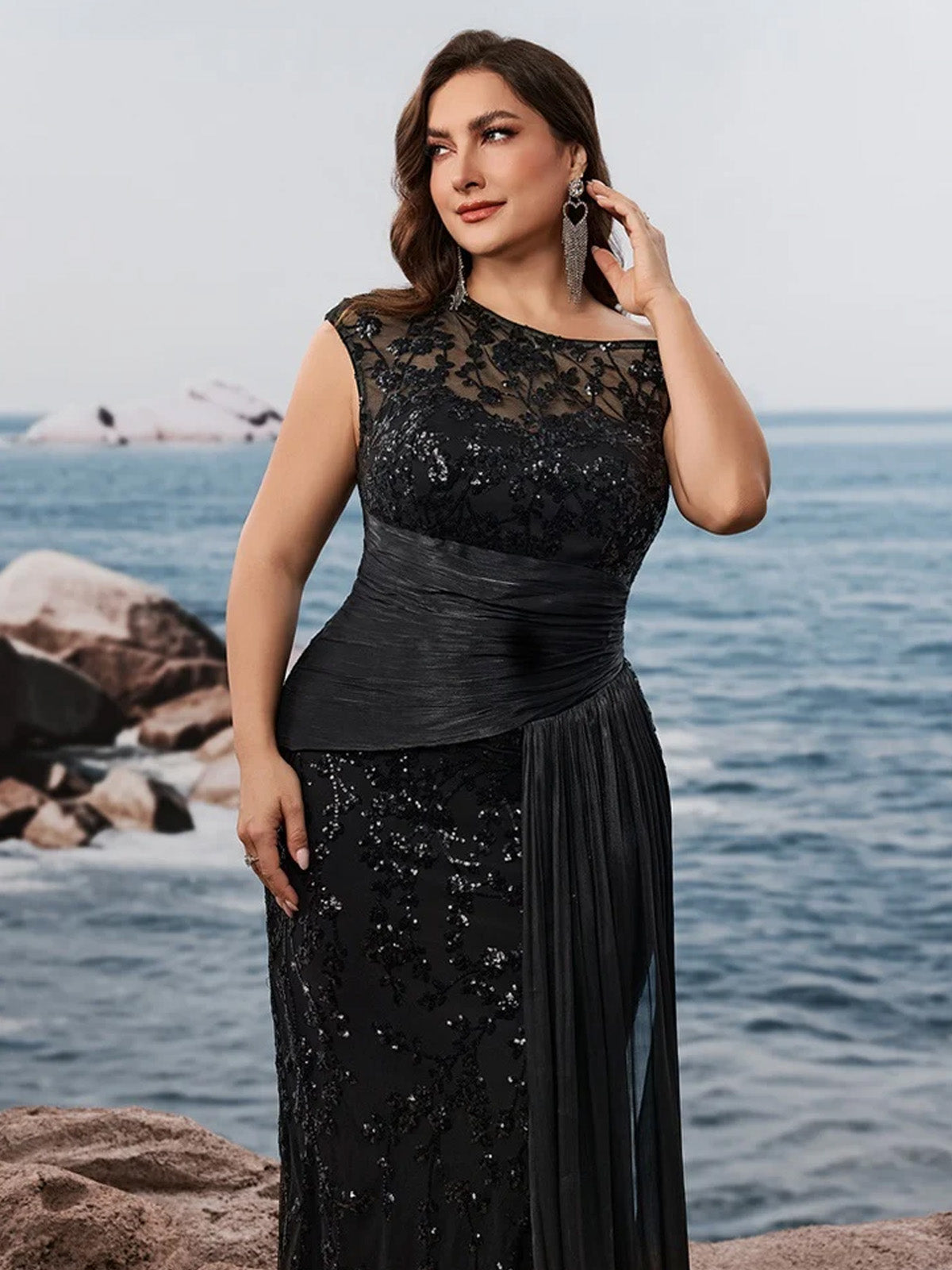 Women’s Black Elegant Sequin Lace Asymmetric Neck Cap Sleeve Mermaid Maxi Dress with Draped Side Panel