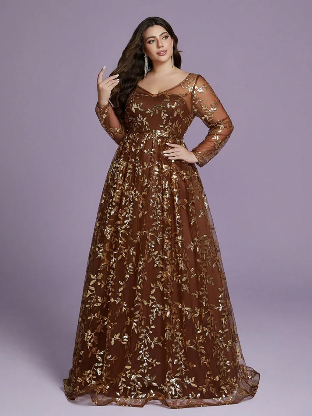 Women’s Brown Elegant Sequin Mesh Round Neck Long Sleeve A-Line Maxi Dress