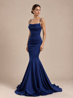 Women’s Royal Blue Elegant Satin Cowl Neck Spaghetti Strap Mermaid Maxi Dress with Fitted Waist and Flared Hem