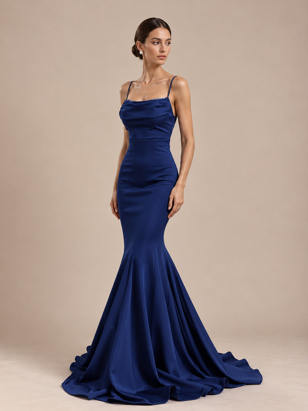 Women’s Royal Blue Elegant Satin Cowl Neck Spaghetti Strap Mermaid Maxi Dress with Fitted Waist and Flared Hem