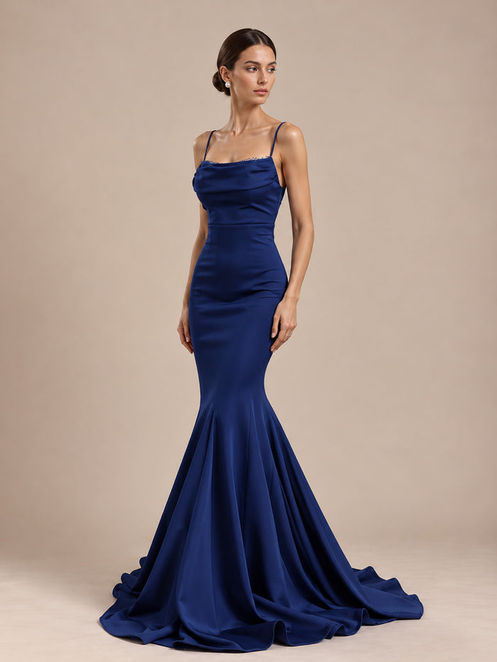 Women’s Royal Blue Elegant Satin Cowl Neck Spaghetti Strap Mermaid Maxi Dress with Fitted Waist and Flared Hem