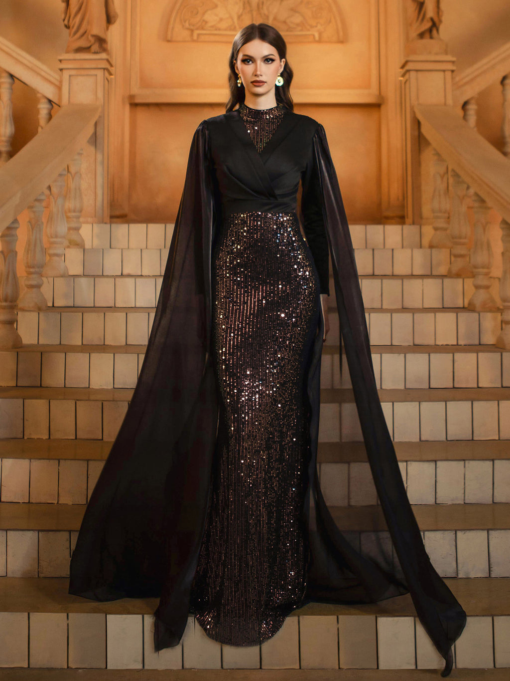 Women’s Black Elegant Sequin Mesh V-Neck Long Cape Sleeve Column Maxi Dress with Chiffon Overlay
