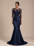Women’s Navy Blue Elegant Satin Round Neck Sheer Three-Quarter Sleeve Mermaid Maxi Dress with Floral Lace Embroidery and Ruched Detail