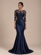 Women’s Navy Blue Elegant Satin Round Neck Sheer Three-Quarter Sleeve Mermaid Maxi Dress with Floral Lace Embroidery and Ruched Detail