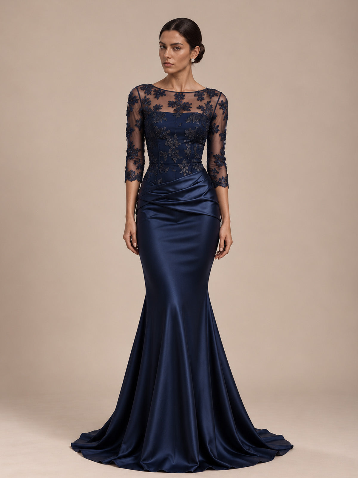 Women’s Navy Blue Elegant Satin Round Neck Sheer Three-Quarter Sleeve Mermaid Maxi Dress with Floral Lace Embroidery and Ruched Detail