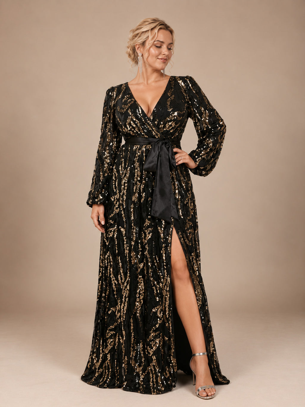 Women’s Black and Gold Elegant Sequin Mesh V-Neck Long Sleeve A-Line Maxi Dress with Satin Waist Tie