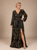 Women’s Black and Gold Elegant Sequin Mesh V-Neck Long Sleeve A-Line Maxi Dress with Satin Waist Tie