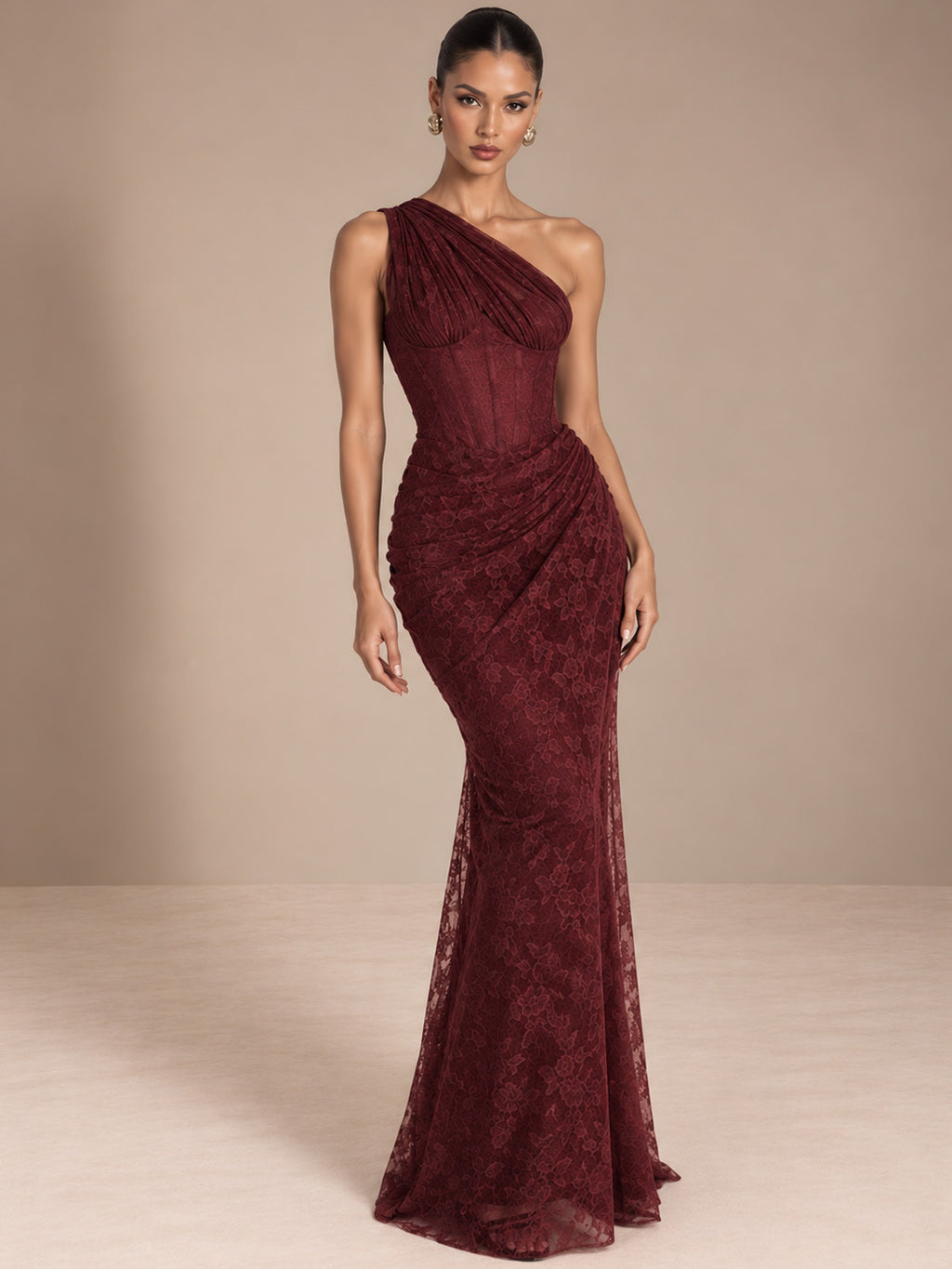 Women’s Burgundy Elegant Floral Lace One Shoulder Sleeveless Sheath Maxi Dress with Asymmetric Ruched Detail