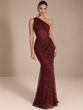 Women’s Burgundy Elegant Floral Lace One Shoulder Sleeveless Sheath Maxi Dress with Asymmetric Ruched Detail