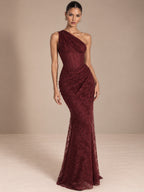 Women’s Burgundy Elegant Floral Lace One Shoulder Sleeveless Sheath Maxi Dress with Asymmetric Ruched Detail