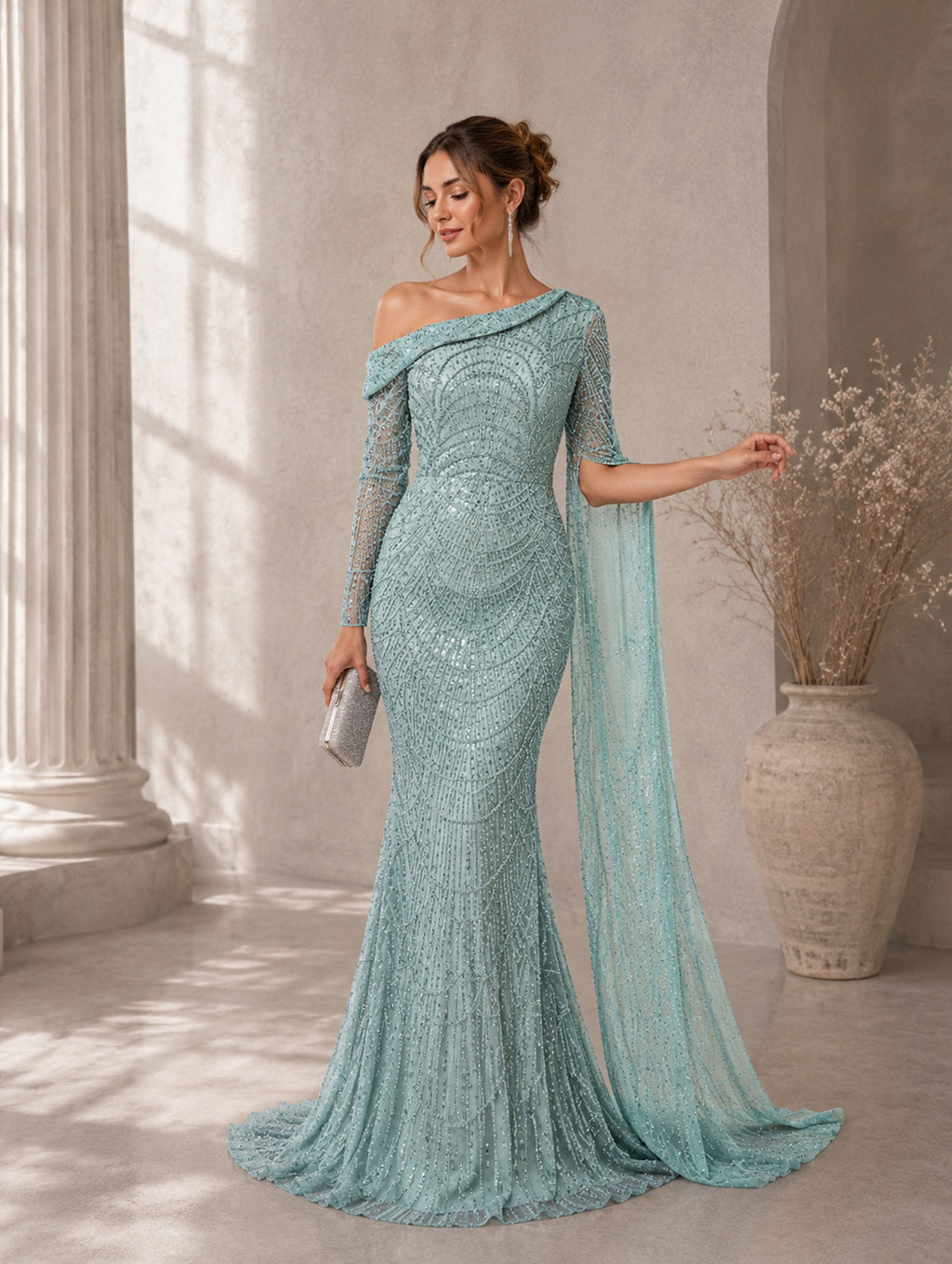 Women’s Elegant Sequin Asymmetrical Neck One Long Sleeve Regular Mermaid Maxi Dress with Beaded Detail