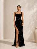 Women’s Black Luxurious Velvet Square Neck Sleeveless Slim Fit Maxi Evening Dress