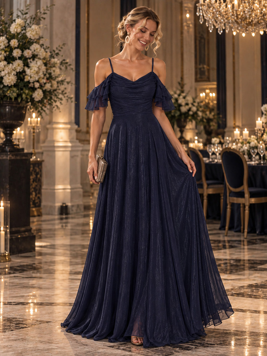 Women’s Navy Blue Elegant Cowl Neck Cold Shoulder Short Ruffle Sleeve A-Line Maxi Dress with Ruched Detail