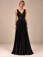 Women’s Black Elegant Sequin V-Neck Sleeveless Pleated A-Line Maxi Dress with Ruched Waist Detail