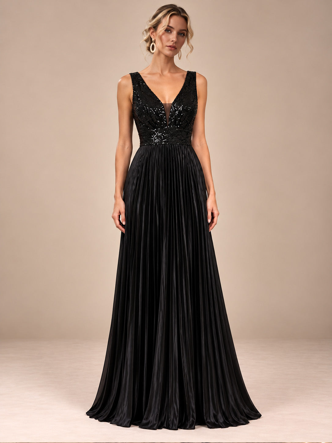 Women’s Black Elegant Sequin V-Neck Sleeveless Pleated A-Line Maxi Dress with Ruched Waist Detail