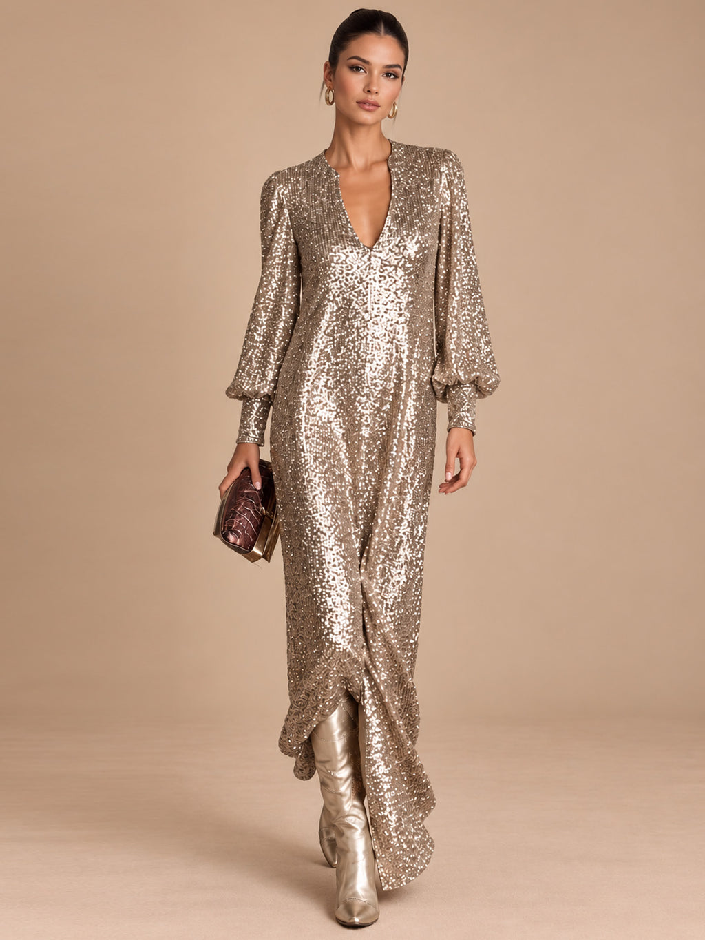 Women’s Champagne Gold Glamorous Sequin V-Neck Long Balloon Sleeve Shift Maxi Dress with Asymmetric Hem Detail