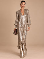 Women’s Champagne Gold Glamorous Sequin V-Neck Long Balloon Sleeve Shift Maxi Dress with Asymmetric Hem Detail