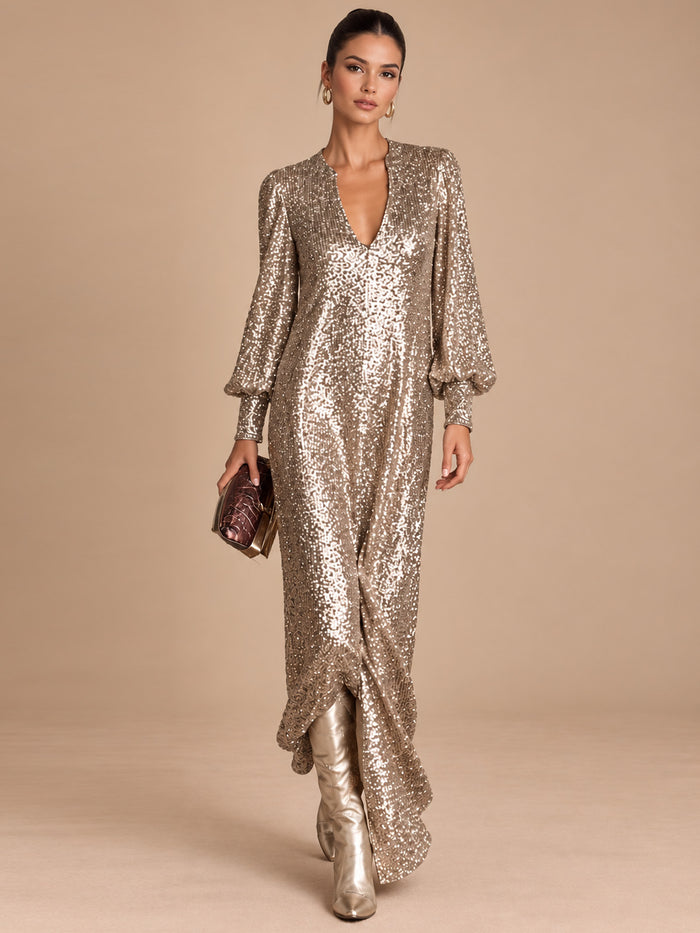 Women’s Champagne Gold Glamorous Sequin V-Neck Long Balloon Sleeve Shift Maxi Dress with Asymmetric Hem Detail