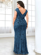 Women’s Olive Green Elegant Sequin Mesh V-Neck Cap Sleeve Mermaid Maxi Dress