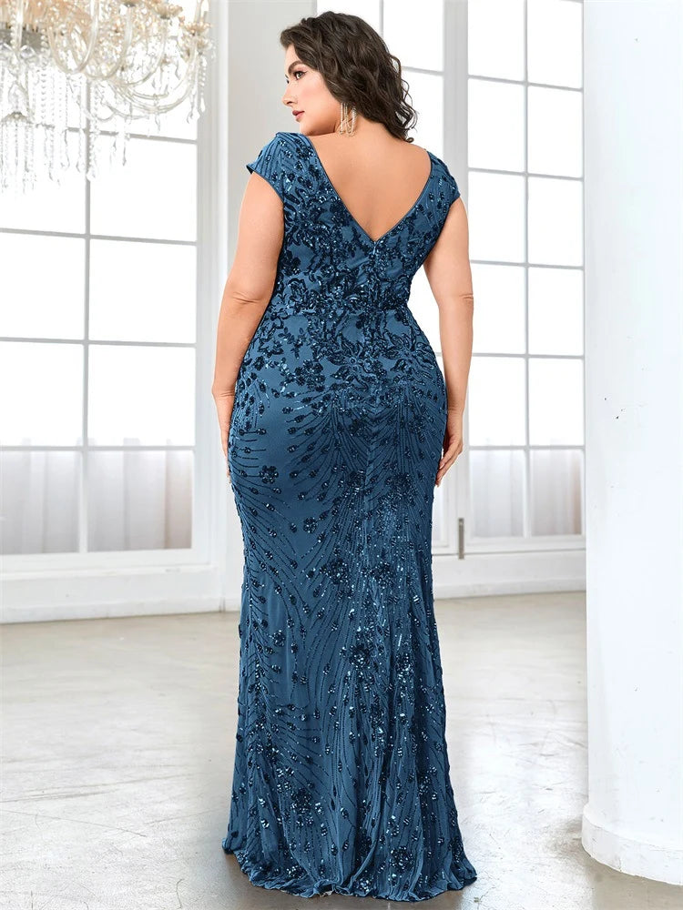 Women’s Olive Green Elegant Sequin Mesh V-Neck Cap Sleeve Mermaid Maxi Dress