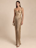 Women’s Gold Elegant Metallic Pleated Sweetheart Neck Sleeveless Column Maxi Dress with Corset Detail