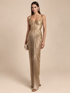 Women’s Gold Elegant Metallic Pleated Sweetheart Neck Sleeveless Column Maxi Dress with Corset Detail