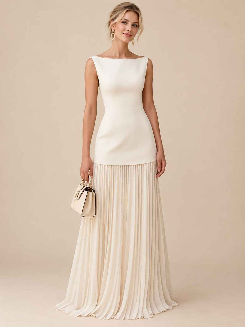 Women’s Ivory Elegant Boat Neck Sleeveless Pleated Maxi Dress with Drop Waist Detail