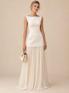 Women’s Ivory Elegant Boat Neck Sleeveless Pleated Maxi Dress with Drop Waist Detail