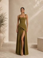 Women’s Olive Green Elegant Stretch Woven Square Neck Sleeveless Slim Maxi Dress